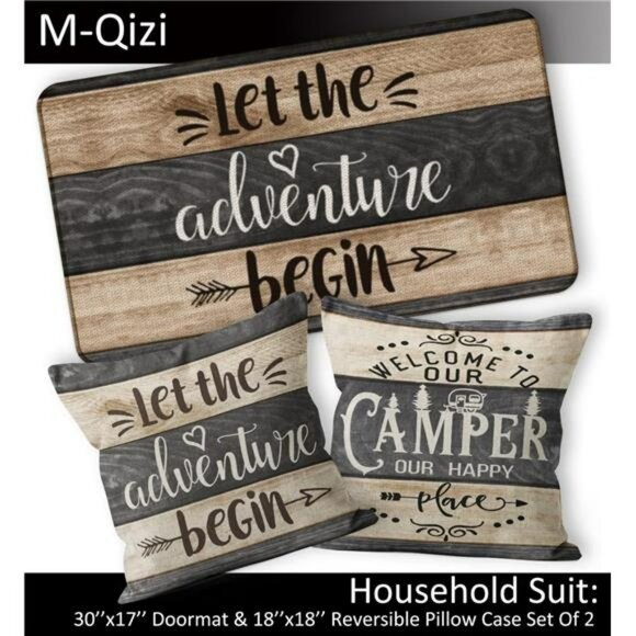 Camper Decor Set Door Mat 30x17 with 2 Pillow Covers 18x18 RV Adventure Begin - Picture 4 of 8